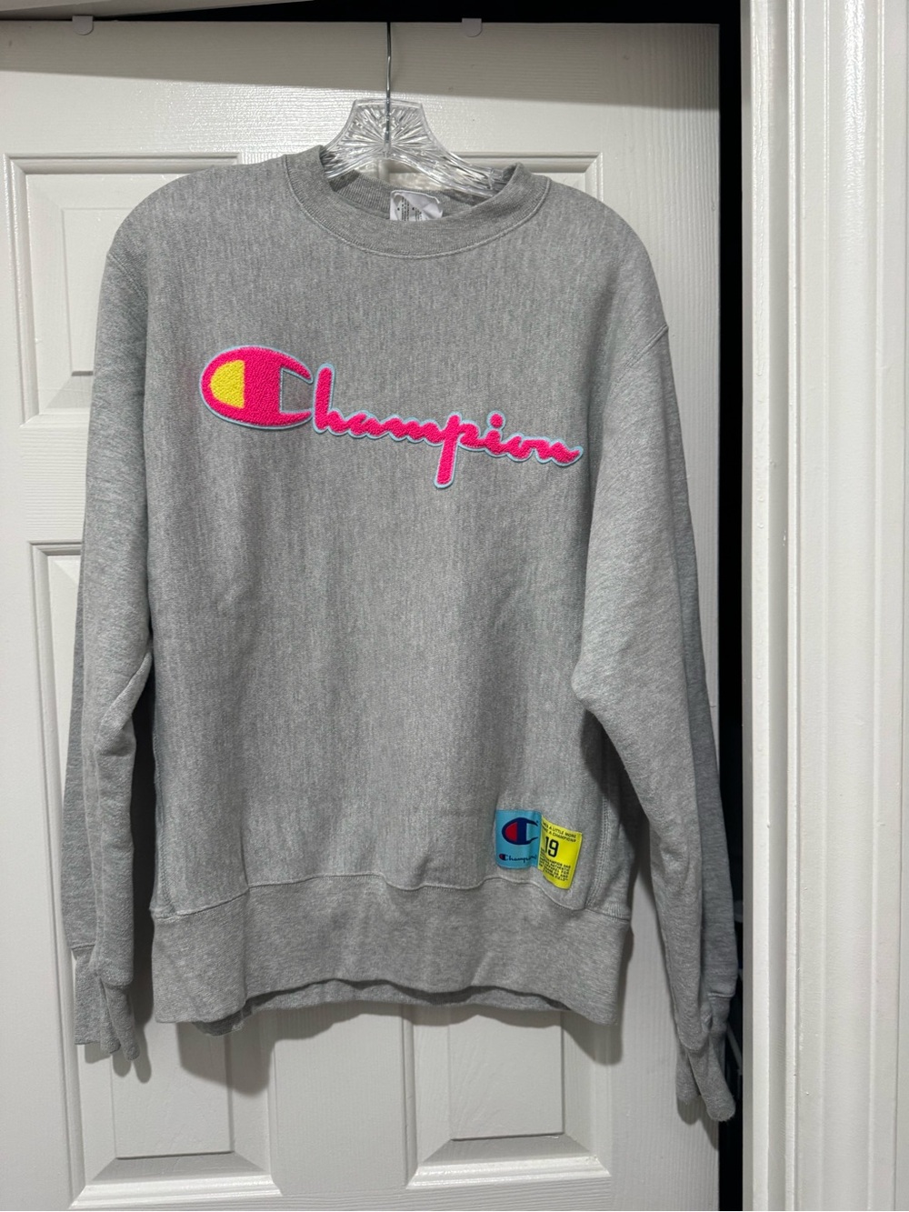 Champion Gray Crewneck Sweatshirt with Pink & Yellow Logo